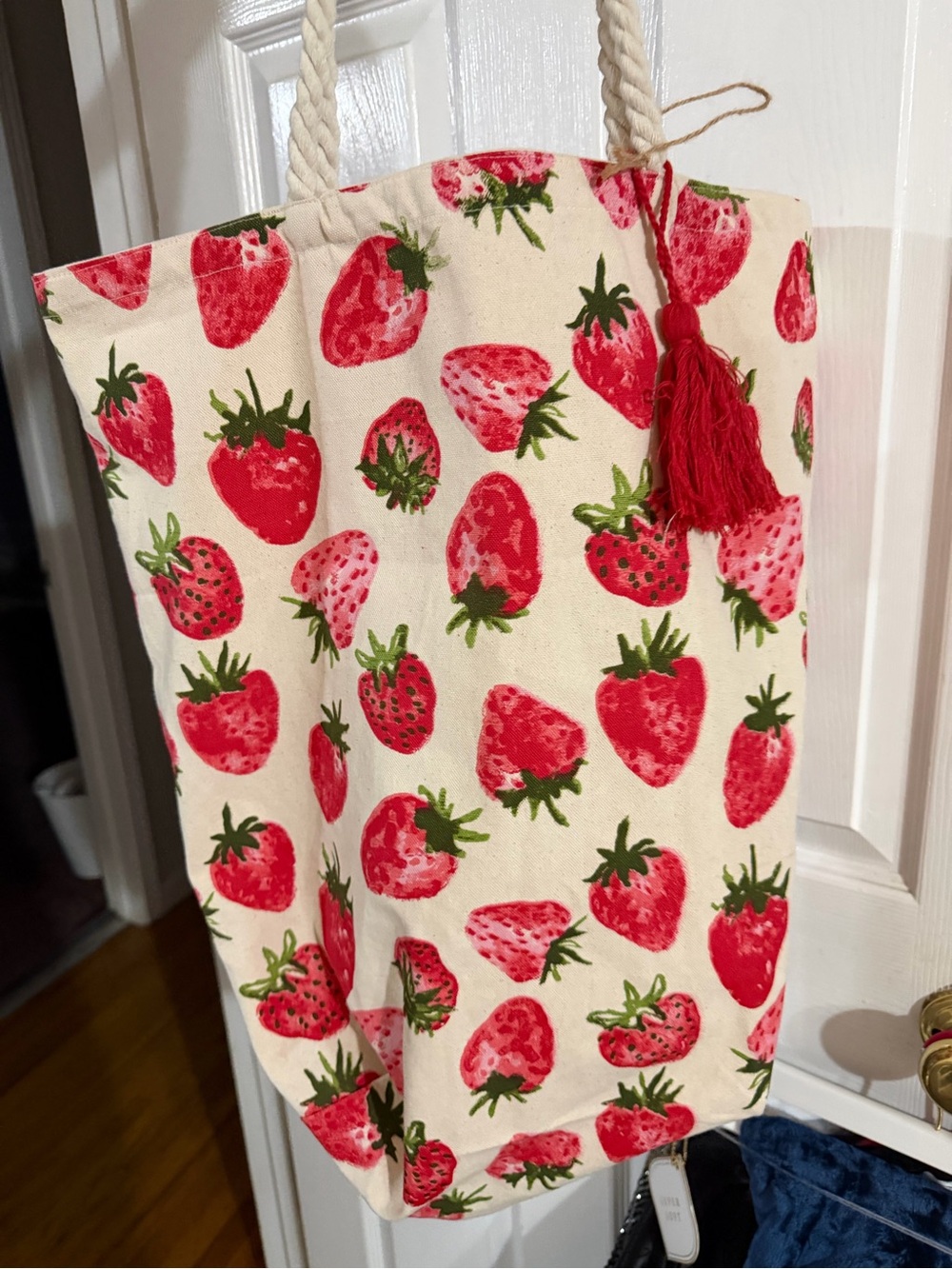 Strawberry fabric large tote bag.